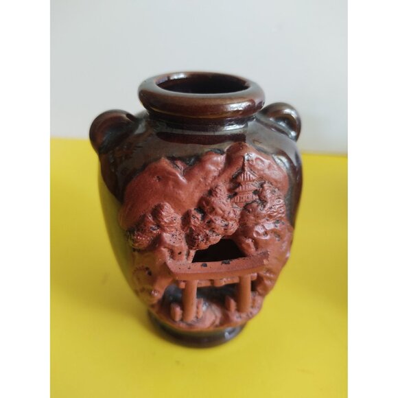 Vintage Banko Japan Red Ware Clay Bud Vase 3D Diorama Pagoda  Pottery 4" Tall - Picture 8 of 9